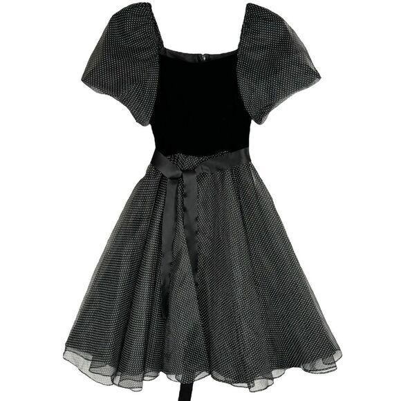 ACT 1 Dresses & Skirts - 80s Velvet Tulle Polka Dot Dress Size 5 Puff Sleeves Milkmaid Whimsigoth Vintage